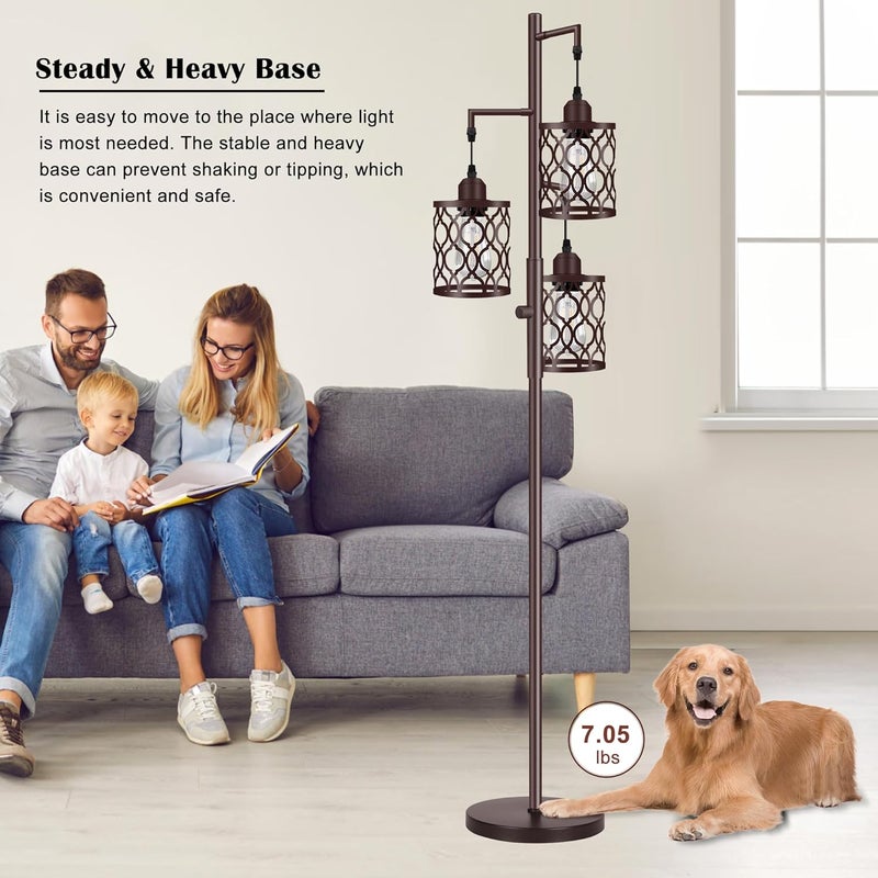 Rottogoon 68" Farmhouse Floor lamp, Dimmable Industrial Floor Lamps for Living Room, 3 Light Rustic Standing Tall Lamp Including 3 PCS 6W E26 Bulbs, Tree Floor Lamp for Bedrooms Room, Office, Bar, Brown - Image 5